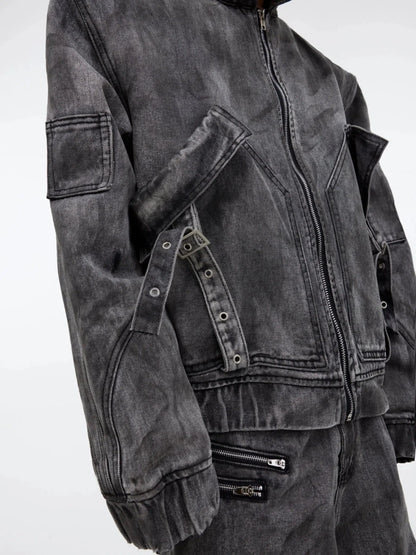 Distressed Zipper Denim Jacket Pants Set-ArguE CulturE