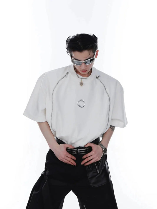 Double Zipper Shoulder Pad T-shirt-ArguE CulturE