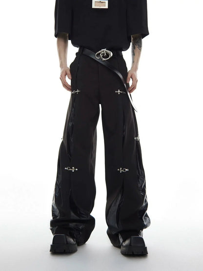 Metal Airplane Button Leather Splicing Pants-ArguE CulturE