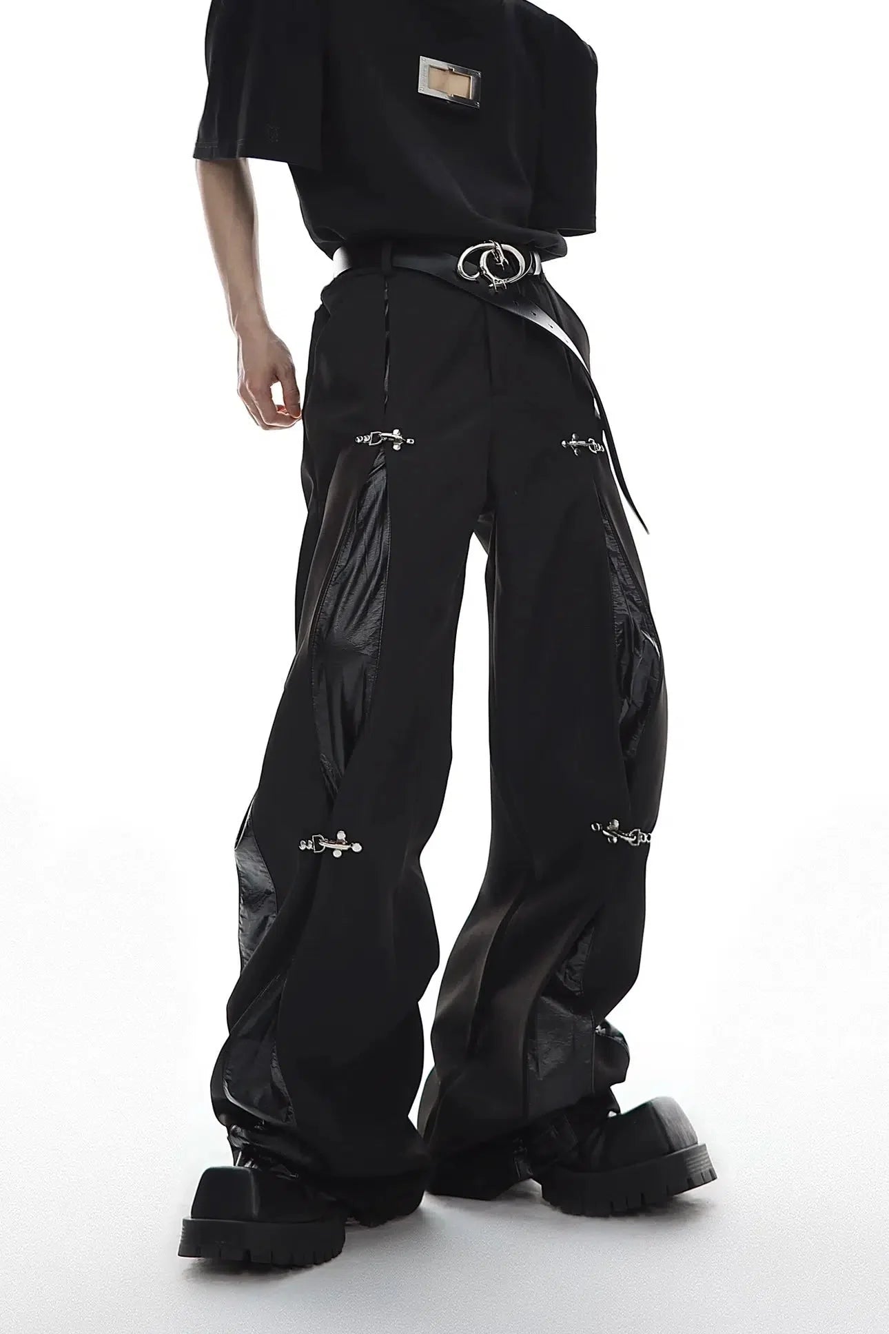 Metal Airplane Button Leather Splicing Pants-ArguE CulturE