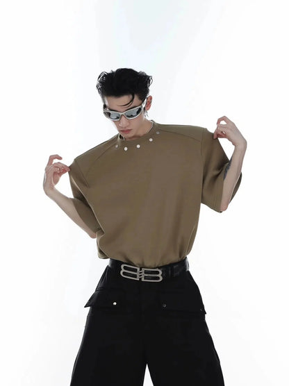 Metal Button Shoulder Pad T-shirt-ArguE CulturE