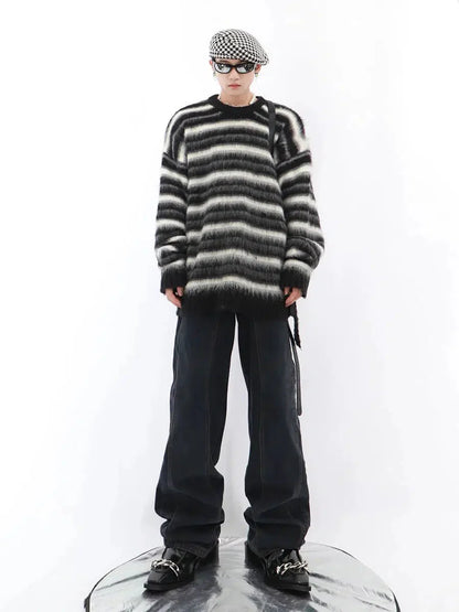 Striped Mohair Round Neck Loose Sweater-ArguE CulturE