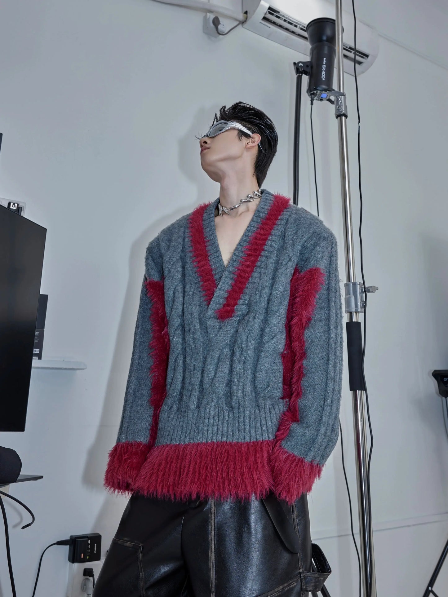 V-neck Plush Knit Patchwork Sweater-ArguE CulturE