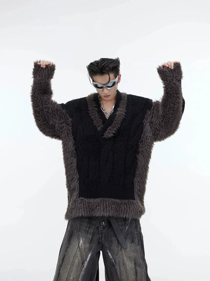 V-neck Plush Knit Patchwork Sweater-ArguE CulturE