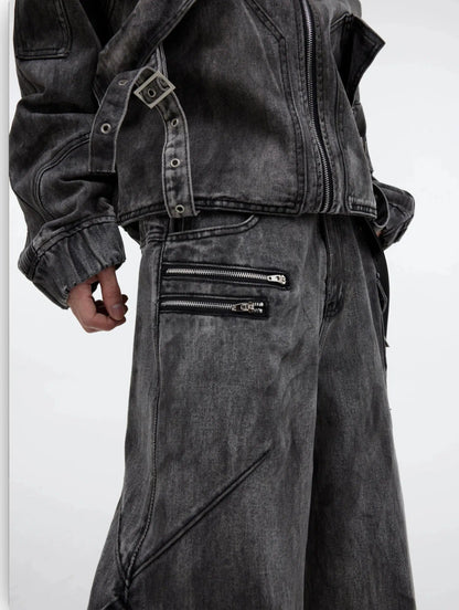 Distressed Zipper Denim Jacket Pants Set-ArguE CulturE