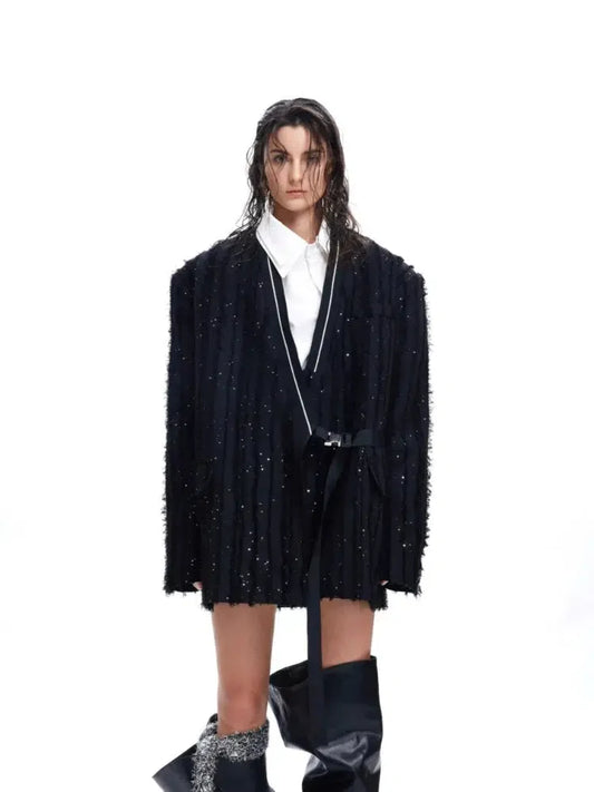 Sequin Tassel Collarless Suit Jacket-ArguE CulturE