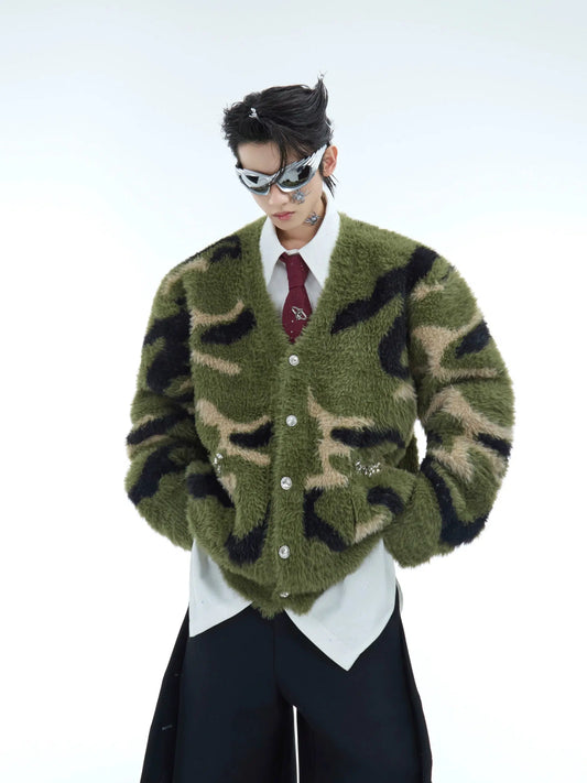 Faux Mink Camouflage Cardigan with Buttons-ArguE CulturE