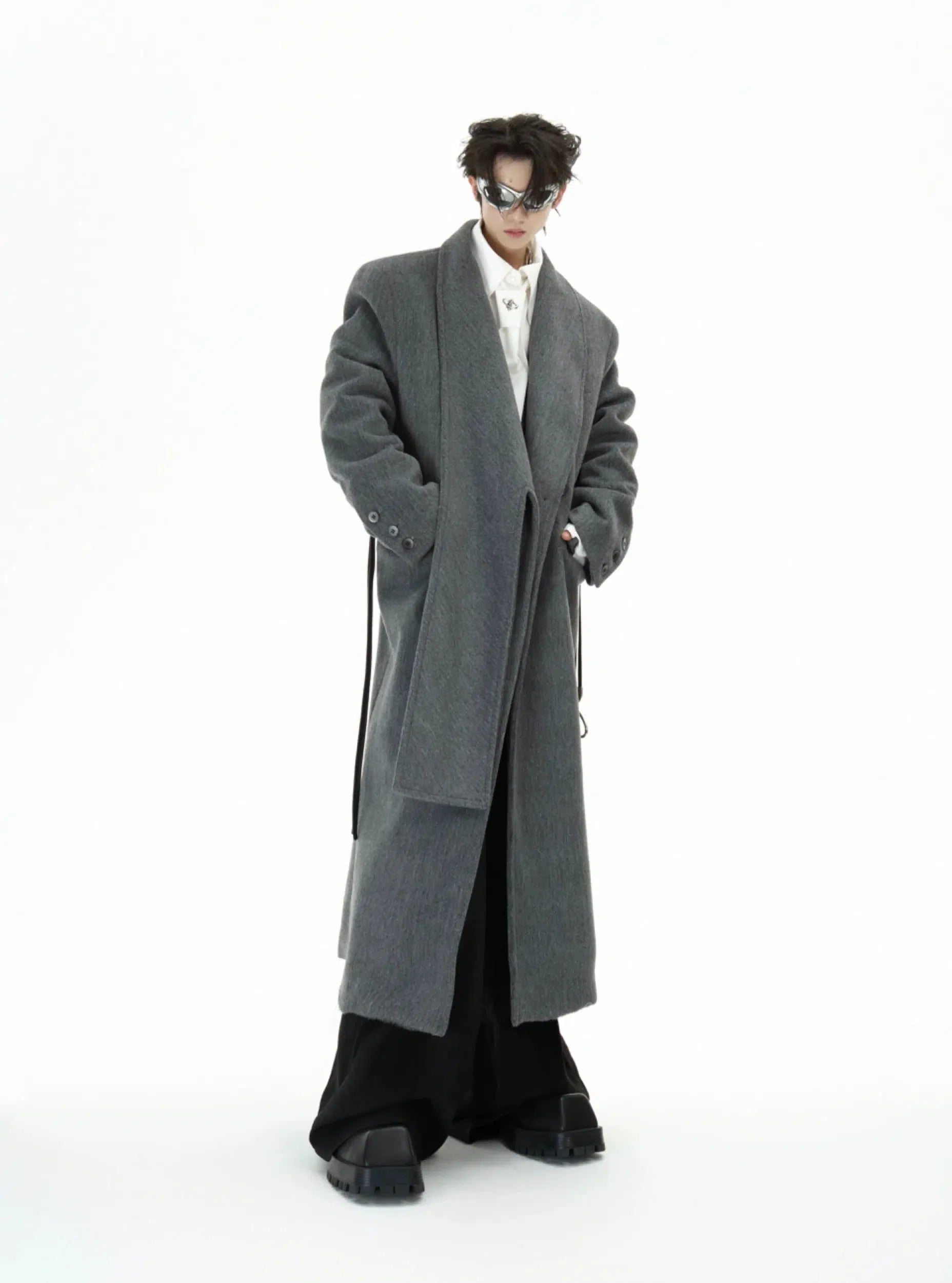 Deconstructed Woolen Long Coat with Metal Strap-ArguE CulturE