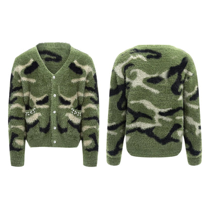 Faux Mink Camouflage Cardigan with Buttons-ArguE CulturE