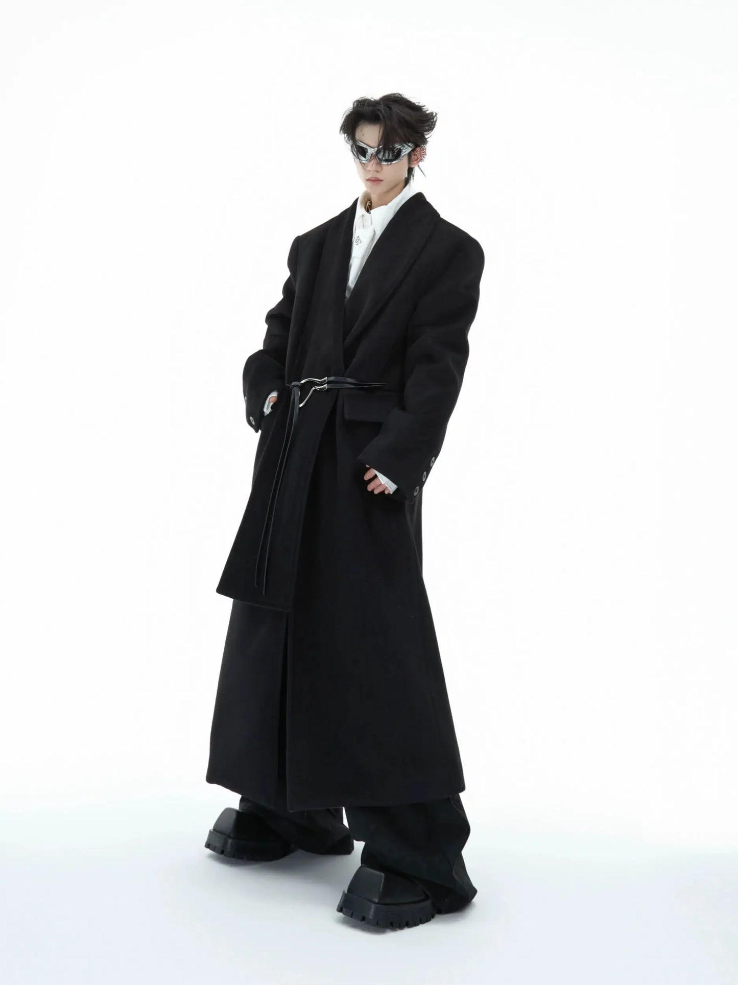 Deconstructed Woolen Long Coat with Metal Strap-ArguE CulturE