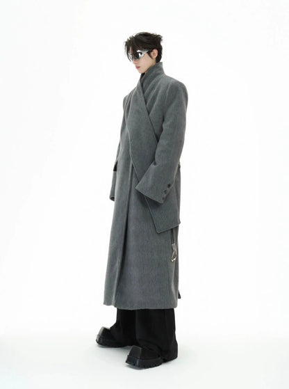 Deconstructed Woolen Long Coat with Metal Strap-ArguE CulturE