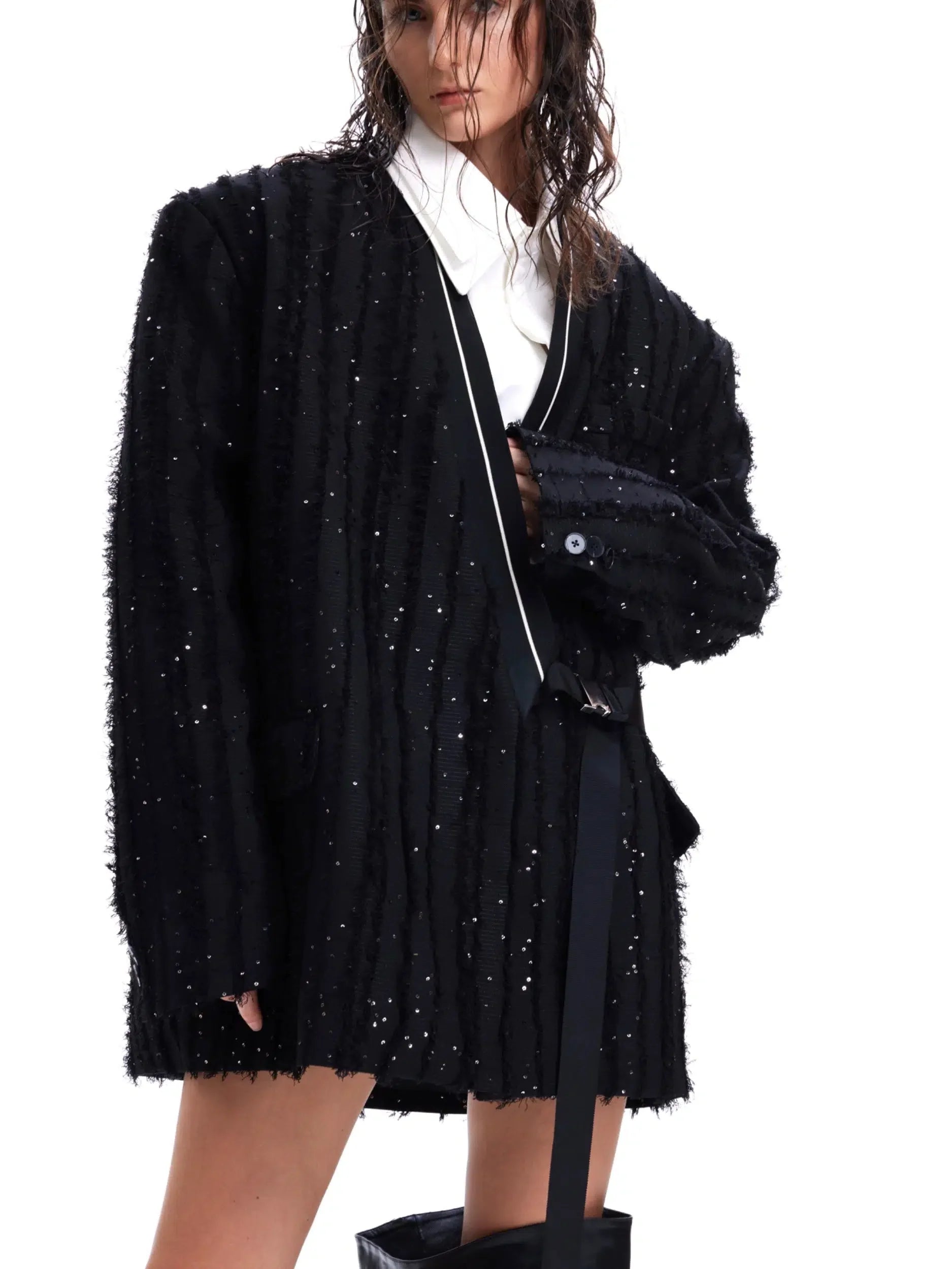 Sequin Tassel Collarless Suit Jacket-ArguE CulturE